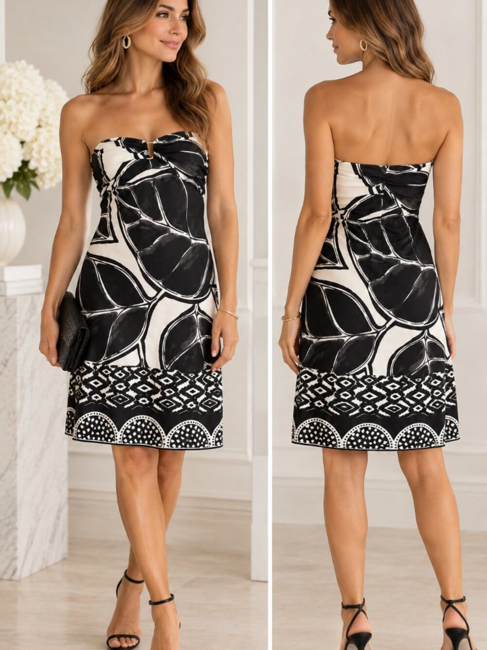 WHBM White House Black Market Silk Strapless Dress Slik Black White Botanical 8